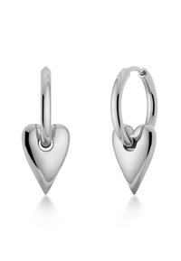 Silver hoop earrings featuring heart-shaped pendants, polished surface with a smooth texture and a seamless attachment to the hoop.