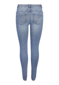 Smala jeans i medelblå denim, med en slät yta, hög midja och fem fickor, varav två baktill.