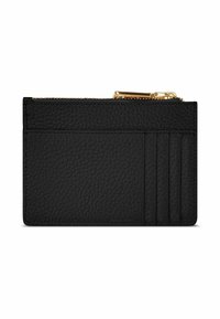 Portafoglio in pelle nera con finitura testurizzata, dotato di un comparto con zip e più scomparti per carte su un lato. Accenti in metallo dorato.