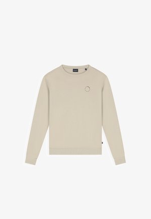 Beige langärmliges Sweatshirt mit Rundhalsausschnitt, kleinem rundem Logo auf der linken Brust sowie gerippten Bündchen und Saum.