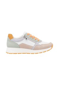 Sportlicher Schuh in einer weißen und Pastellfarben-Palette, mit einer Kombination aus Leder und Wildleder, Schnürung an der Vorderseite, seitlichem Reißverschluss und strukturierten Akzenten.