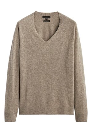 Beige V-hals langærmet trøje med ribstrikkede manchetter og kant, lavet af blødt strikstof.