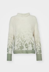 Creme- und grünfarbener Gradient-Strickpullover mit Rundhalsausschnitt, Blumenmuster, lockerer Passform sowie gerippten Bündchen und Saum. Weiche Textur.