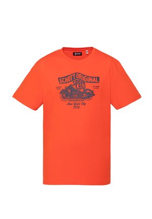 Hell oranges T-Shirt mit schwarzer Motorrad-Grafik und dem Text "Schott Original Speed, Custom Rider, New York City 1913" auf der Vorderseite.