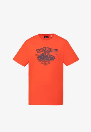 Hell oranges T-Shirt mit schwarzer Motorrad-Grafik und dem Text "Schott Original Speed, Custom Rider, New York City 1913" auf der Vorderseite.