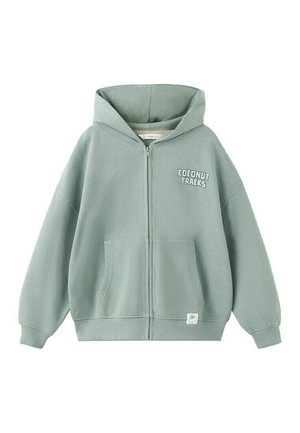 Jasnozielona bluza z kapturem zapinana na zamek błyskawiczny z przednimi kieszeniami, napis ""Coconut Traks"" na piersi oraz małe logo palmy w pobliżu dołu.