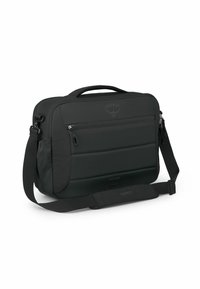Borsa a tracolla nera con design imbottito, tracolla regolabile, manico superiore, tasca frontale con zip e logo Osprey in rilievo. Tessuto di superficie liscia.