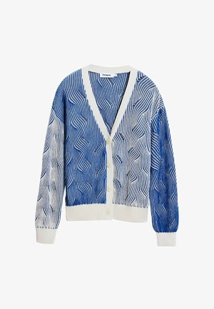 Cardigan blu e bianco con motivo ondulato, polsini e orlo a coste, scollatura a V e cinque bottoni frontali. Texture in maglia morbida.