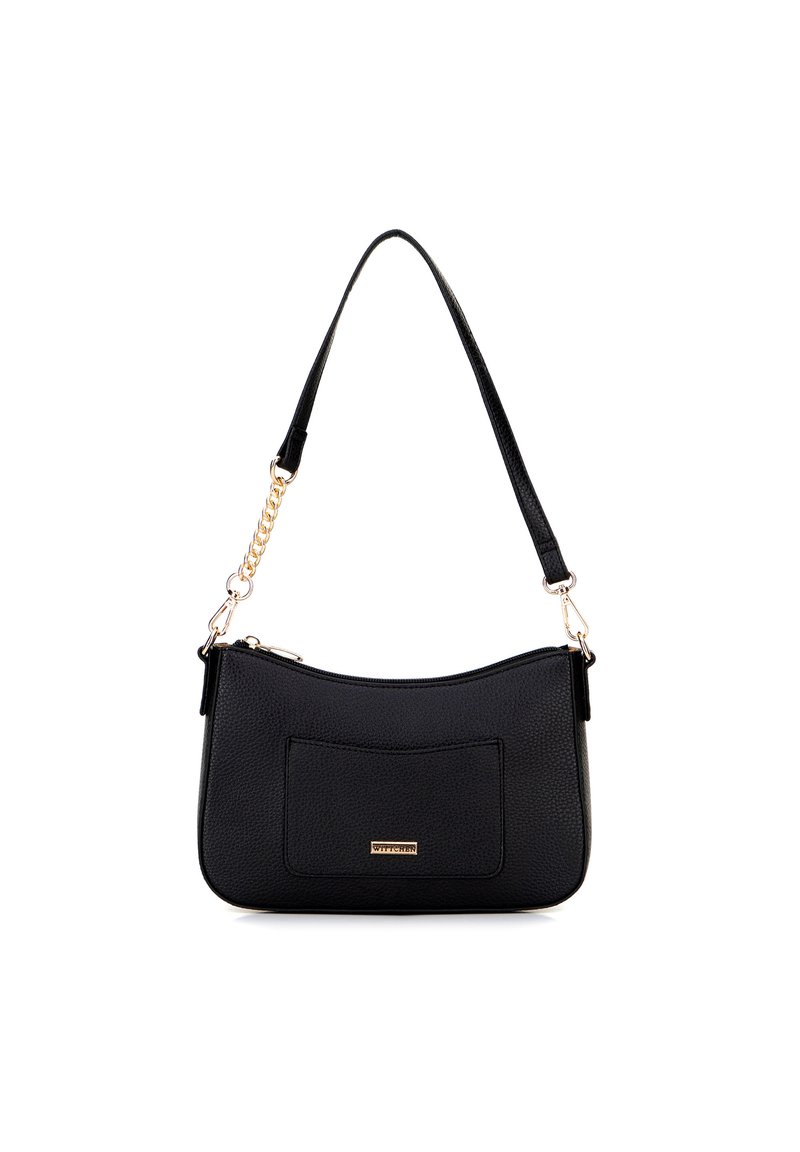 Sac à main en cuir noir avec une surface texturée, une forme arrondie, une fermeture zippée sur le dessus, une poche avant et des accents en métal doré.