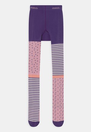 Purple tights featuring a mix of patterns: solid, polka dots, and stripes in pink and grey. Soft material with a comfortable waistband.