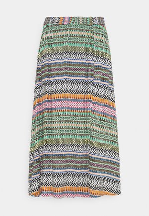 Knee-length skirt with horizontal multicolor geometric and zigzag patterns in green, orange, pink, blue, black, and white tones.