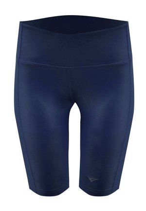 Marineblaue kniehohe Sportshorts mit hohem Bund und kleinem Logo nahe dem linken Saum auf der Vorderseite.