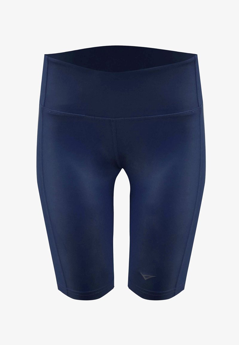 Shorts de sport bleu marine à genoux avec une taille haute et un petit logo près de l'ourlet gauche sur le devant.