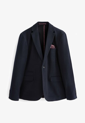 Navy blazer valmistettu tekstuurikankaasta, jossa on kaksi etutaskua, yksittäinen napitus ja kuvioitu taskuliina rintataskussa.