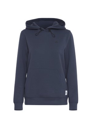 Navy blue hoodie made of soft fabric, featuring a drawstring hood, front pocket, and ribbed cuffs. Minimalistic design with a small logo.