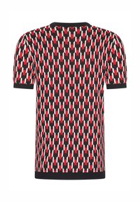 Jersey de punto de manga corta con un patrón geométrico en rojo, blanco y negro, con cuello y puños acanalados.