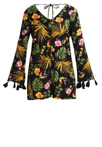 Blouse noire à manches longues avec imprimé tropical de fleurs et d'oiseaux, fermeture à nouer en V dans le dos, boutons à l'avant et pompons sur les poignets.