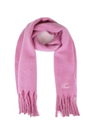 Sciarpa in lana rosa tenue con estremità sfrangiate e piccolo logo "LC" ricamato su un lato, distesa e leggermente annodata.
