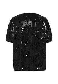 Black sequined top with short sleeves, textured fabric, and a loose fit, featuring a high neckline and overall shimmering surface.