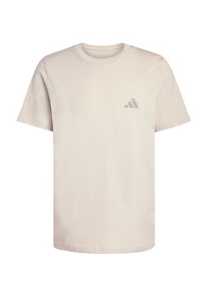 Light beige cotton t-shirt with a crew neckline. Features a small gray three-stripe logo on the left chest. Short sleeves and classic fit.