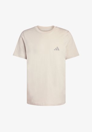 Light beige cotton t-shirt with a crew neckline. Features a small gray three-stripe logo on the left chest. Short sleeves and classic fit.