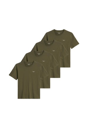 Quatre t-shirts vert olive à col rond et manches courtes disposés en chevauchement décalé.