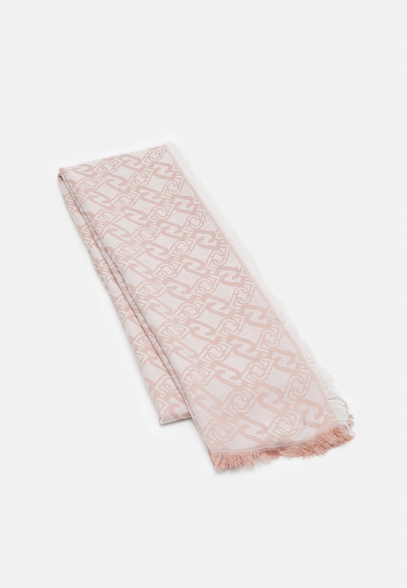 Écharpe rose pâle pliée avec un motif de maillons répété et des bords à franges, présentée sur un fond blanc uni.