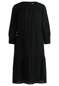Schwarzes, strukturiertes Midikleid mit langen Ärmeln, geknöpften Handgelenken, gerafftem Taillenbereich und leichtem V-Ausschnitt mit dezenten Falten.