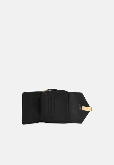 Black leather wallet with a zip closure, multiple card slots, and a gold-tone hardware accent. Smooth texture and compact design.