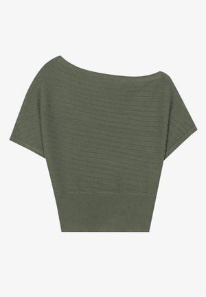 Haut court vert olive en tissu côtelé, avec des manches courtes et un design dénudé des épaules, présentant une finition texturée.