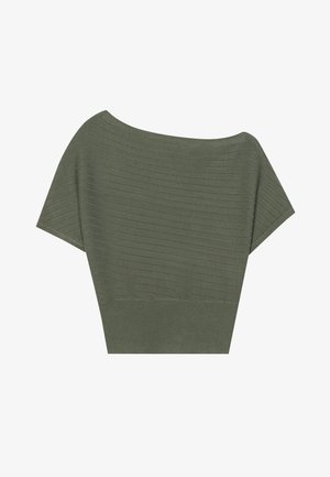 Haut court vert olive en tissu côtelé, avec des manches courtes et un design dénudé des épaules, présentant une finition texturée.