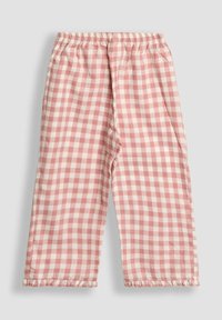 Růžové a bílé kostkované kalhoty vyrobené z bavlny, s elastickým pasem a volánkovými lemy. Rovný střih bez kapes.