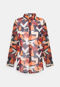 Blusa trasparente multi-colorata con un motivo geometrico in arancione, grigio e crema, con chiusura a bottoni e colletto. Maniche lunghe incluse.