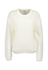 Maglione bianco a coste con maniche lunghe e scollatura rotonda. Presenta una vestibilità rilassata e un motivo testurizzato su tutta la superficie.