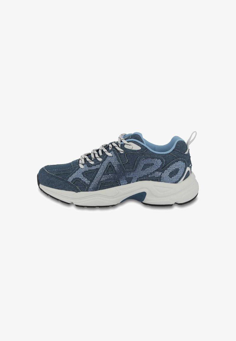 Blue athletic shoes featuring a mesh and textured upper, white sole, patterned detailing, and contrasting laces. Rounded toe with heel tab.