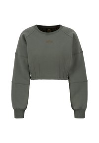 Rövidített olívazöld pulóver, puha anyagból készült. Rugalmas mandzsettákkal, kerek nyakkal és diszkrét ráncolt részletekkel rendelkezik a deréknál.