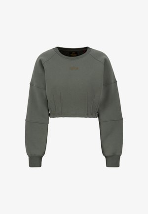Sweatshirt olive vert coupé, fabriqué à partir d'un tissu doux. Présente des poignets côtelés, un col rond et des détails froncés subtils à la taille.