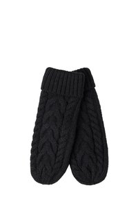 Schwarze gestrickte Handschuhe mit einem Kabelmuster und einem gerippten Bündchen für zusätzliche Wärme. Die weiche Textur sorgt für Komfort beim Tragen.