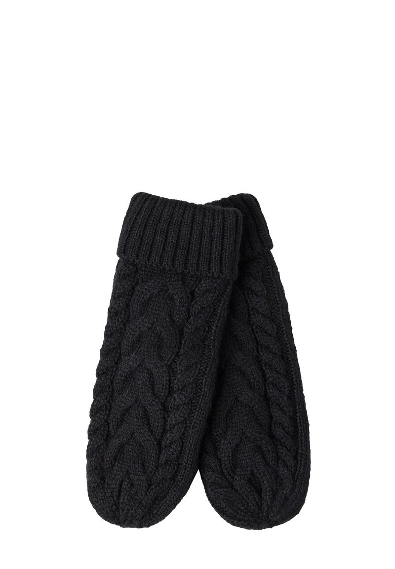 Schwarze gestrickte Handschuhe mit einem Kabelmuster und einem gerippten Bündchen für zusätzliche Wärme. Die weiche Textur sorgt für Komfort beim Tragen.