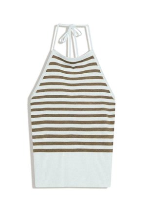 Mouwloze haltertop met witte en bruine horizontale strepen en een brede geribbelde witte band aan de onderkant.