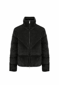 Zwarte corduroy pufferjack met een hoge kraag, geborduurde verticale strepen en een ritssluiting aan de voorkant. Bevat een V-vormig ontwerp op de borst.