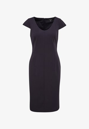 Ciemnofioletowa sukienka z krótkim rękawem, z okrągłym dekoltem, posiadająca centralny szew i dwie przednie kieszenie. Wykonana z gładkiego, elastycznego materiału.