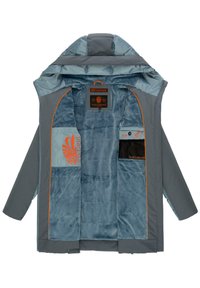 Veste rembourrée grise avec capuche, dotée d'un intérieur bleu doux, d'accents oranges et de plusieurs poches intérieures avec étiquettes.