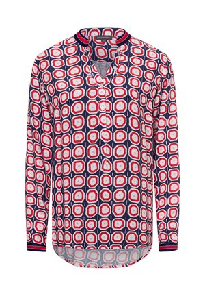 Langarmhemd mit einem geometrischen Muster in Marineblau, Rot und Weiß, rundem Halsausschnitt und Knopfleiste. Glatte Stoffstruktur.