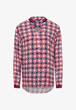 Langarmhemd mit einem geometrischen Muster in Marineblau, Rot und Weiß, rundem Halsausschnitt und Knopfleiste. Glatte Stoffstruktur.