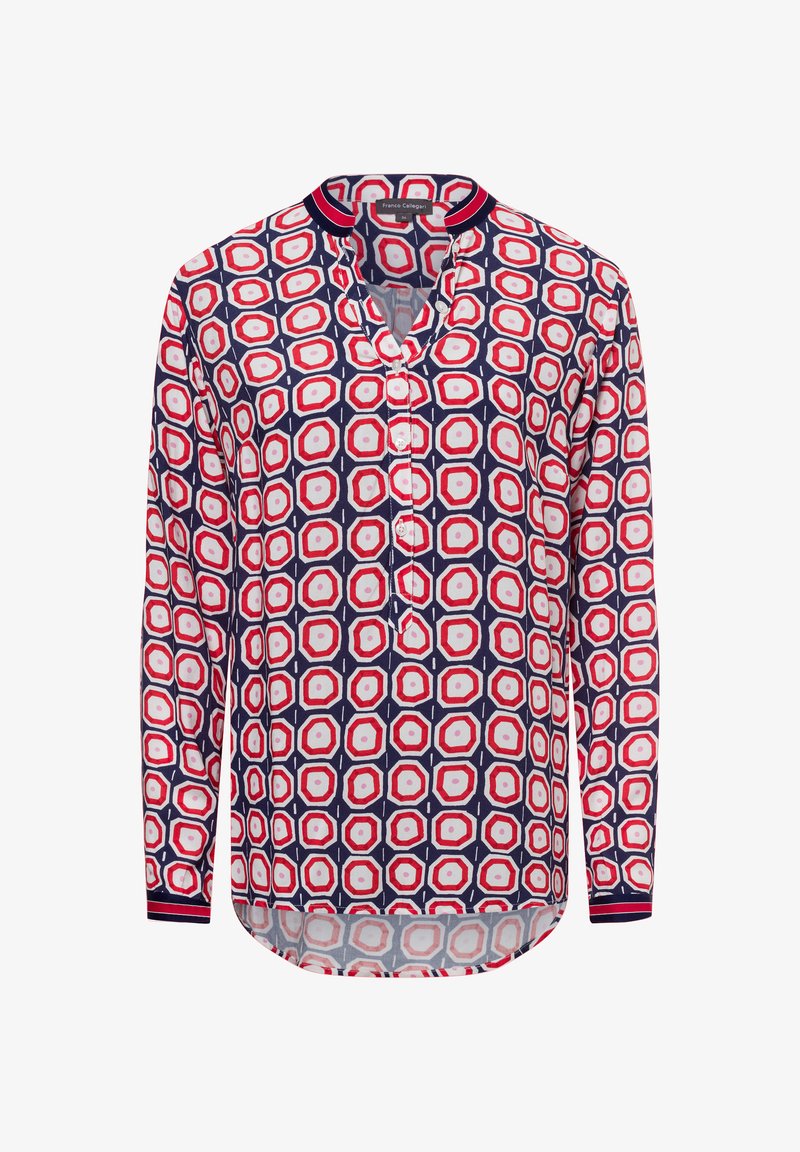 Langarmhemd mit einem geometrischen Muster in Marineblau, Rot und Weiß, rundem Halsausschnitt und Knopfleiste. Glatte Stoffstruktur.