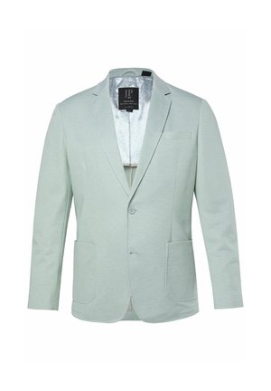 Blazer da uomo verde chiaro monopetto con rever a lancia, due tasche a taschino frontali, una tasca sul petto e una chiusura con un bottone.
