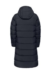Marineblauwe gewatteerde jas met een capuchon, met horizontale stiksels en lange mouwen. Gladde textuur en knielange ontwerp.