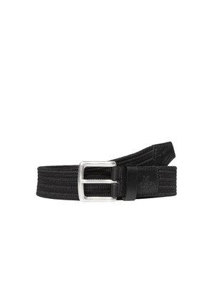 Ceinture en tissu tressé noir avec boucle rectangulaire argentée et passant en cuir embossé des lettres "MOP".