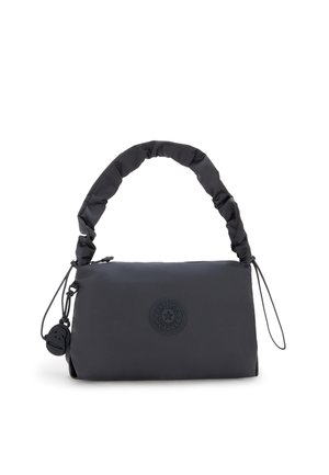 Dark gray nylon bag with a rounded, gathered handle. Features a rounded logo patch and adjustable drawstring accents. Rectangular shape.